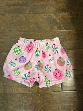 Kids Pink Plush Pajama Shorts with Festive Ornaments